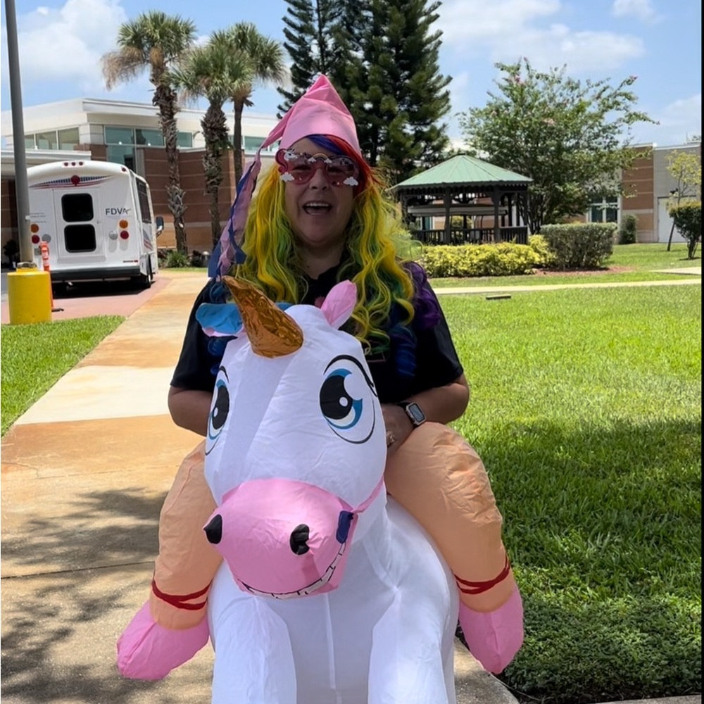 Inflatable Unicorn Costume with Gold and Pink Accents